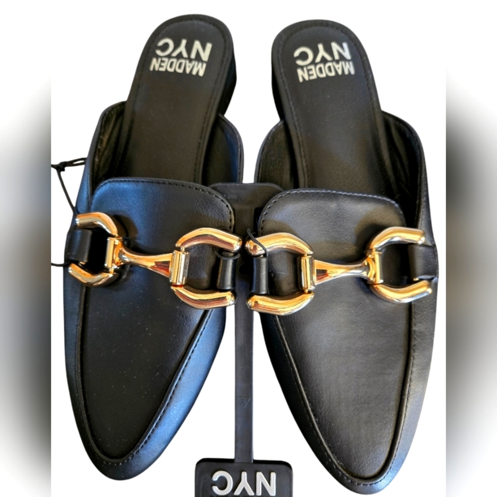 NWT Madden NYC Black Loafers with Gold Buckle